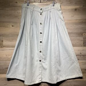Vintage Cherokee Button Front Denim Midi Skirt A-Line Pockets Light Wash Size 16